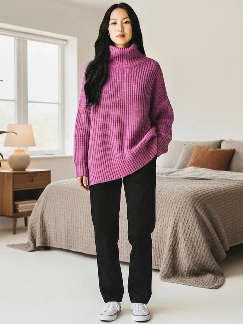 Ribbed Turtleneck Sweater in Pink Size Large Like New